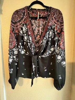 Free People Black Floral Tie-Front Blouse with Pink and Red Accents